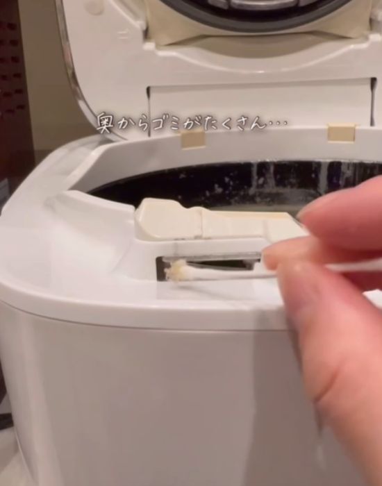 炊飯器の差し込み溝のゴミを綿棒で取り出した様子