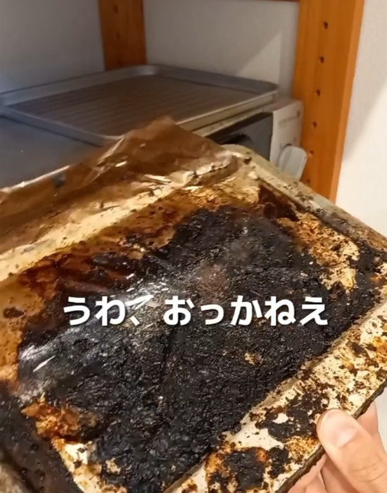 焦げたトースターのトレーを取り出す様子