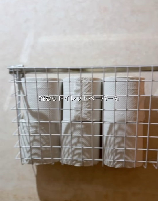 吊り下げワイヤーバスケットに入ったトイレットペーパー