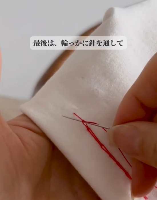 糸の輪に針を通している様子