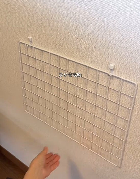 壁にピンフックを２個設置してワイヤーネットを掛けている画像
