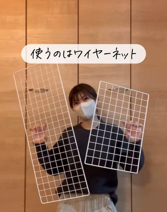 ワイヤーネットを両手に持っている女性