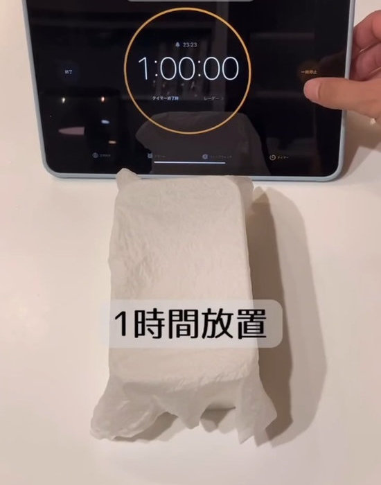 砂糖の上にかぶせたキッチンペーパーを放置している様子