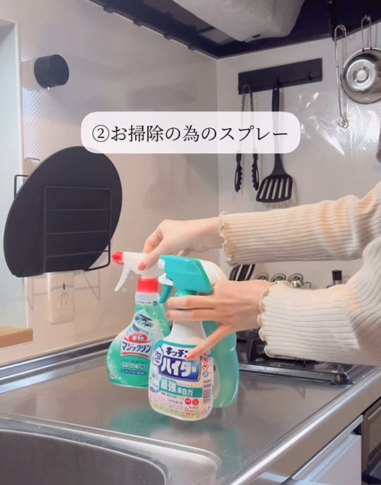 掃除用のスプレーボトルを手にしている様子