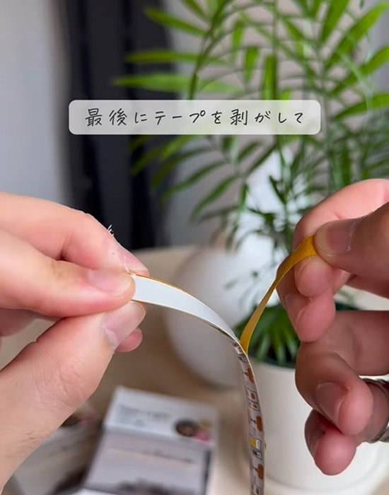 テープライトの台紙をはがす様子