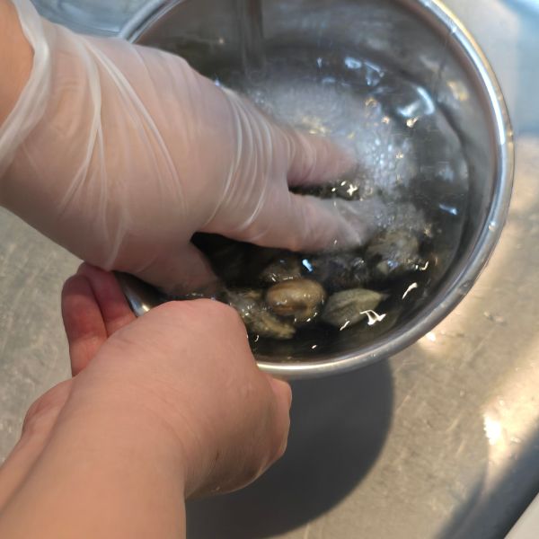 アサリを流水で洗い流す様子