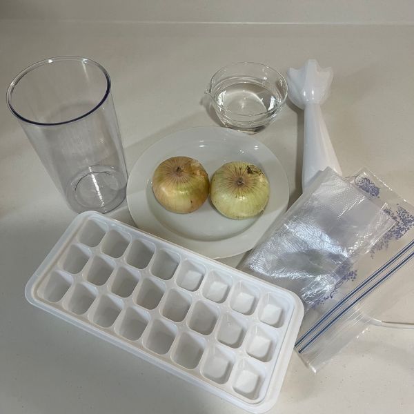 タマネギを『ペースト状にして冷凍する』際に必要な道具や材料を並べた写真
