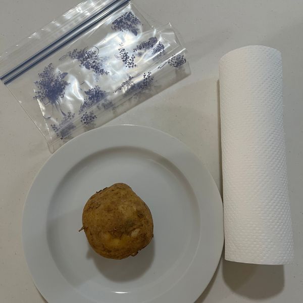 ジャガイモと冷凍用保存袋とキッチンペーパーを並べた様子