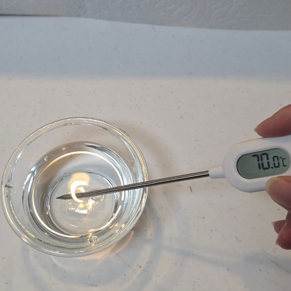深さのある容器にお湯を入れて温度計で温度を測る様子