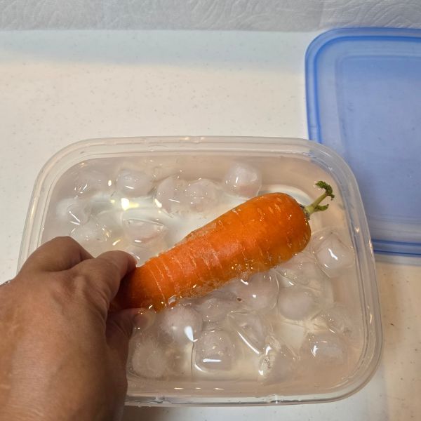 氷水を保存容器に作ってニンジンを漬ける様子