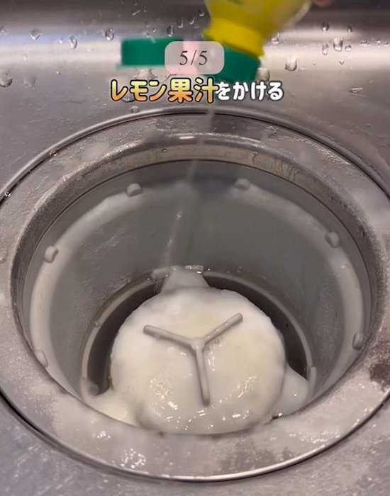 排水口にレモン果汁を入れる様子