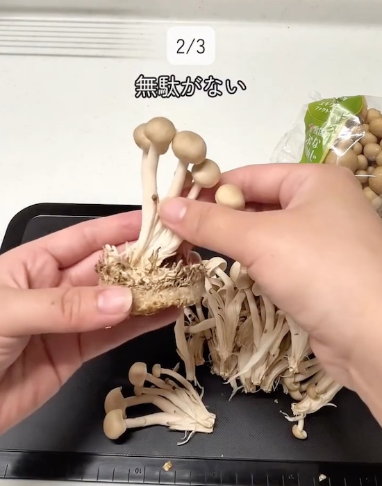 シメジを割いている様子