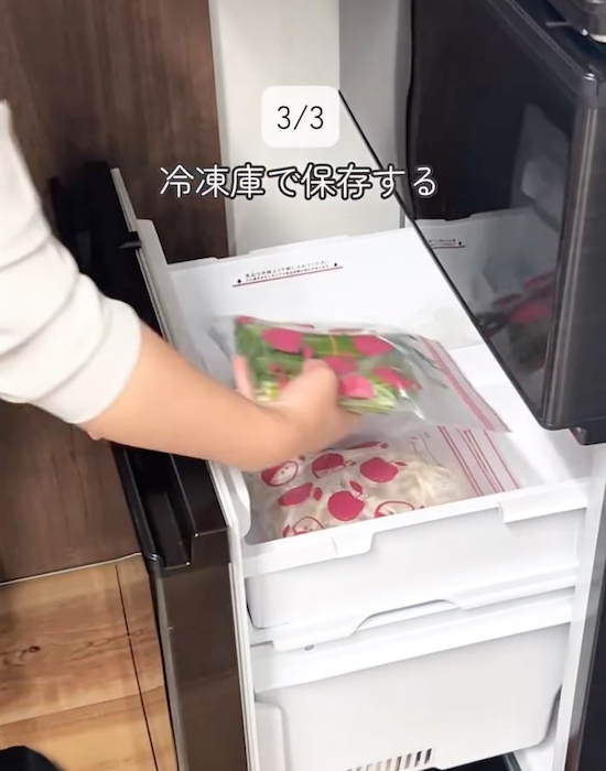 ニラを入れたジッパー付き保存袋を冷凍庫に入れている様子