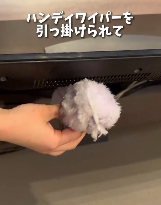 フィルムリングフックにハンディワイパーを入れている様子