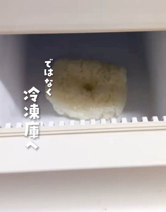 ラップで包んだごはんを冷凍庫に入れる様子