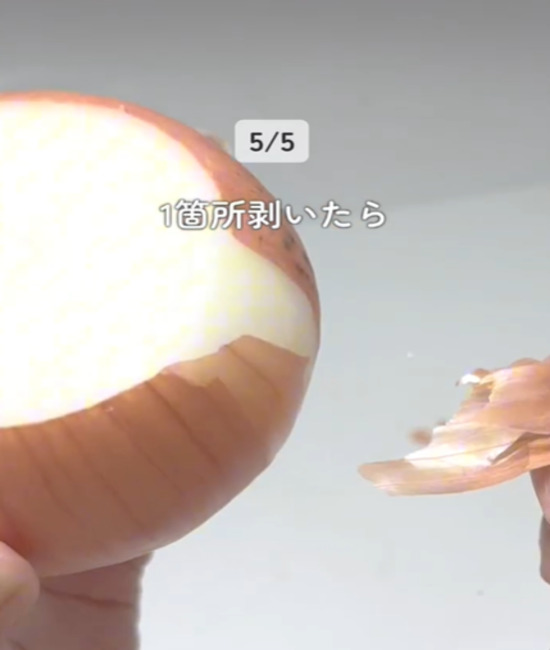 タマネギの皮を１か所むく様子
