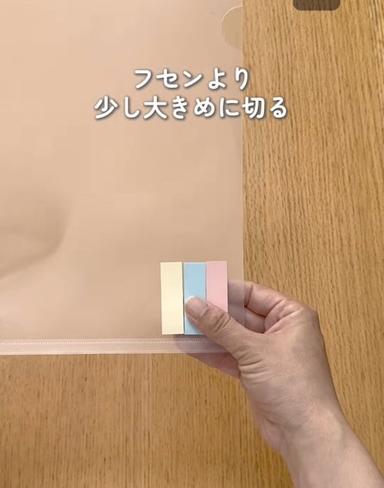 ふせんとクリアファイルを手にしている様子