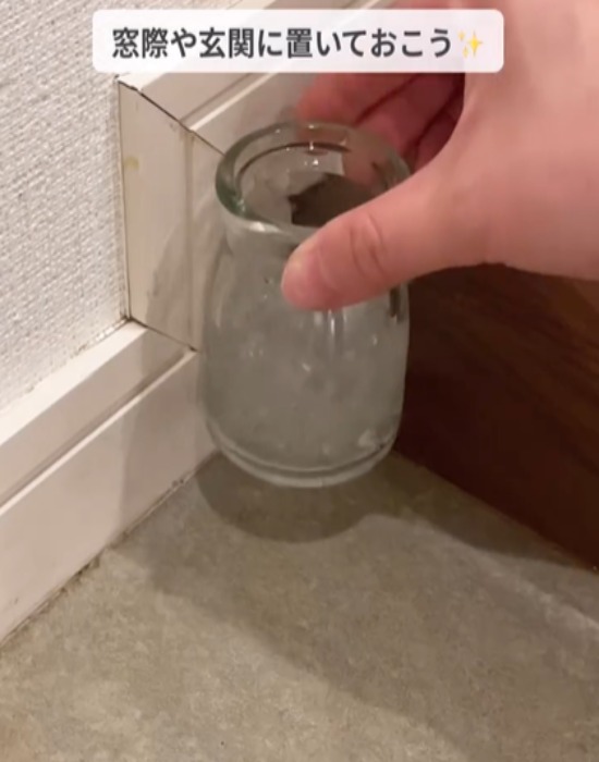 保冷剤とハッカ油で作ったコバエ対策の瓶を置いている様子
