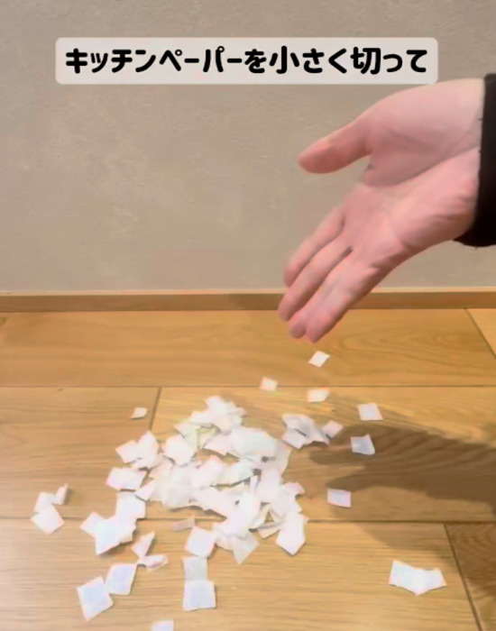 小さめの四角に切ったキッチンペーパーを床に落とす様子