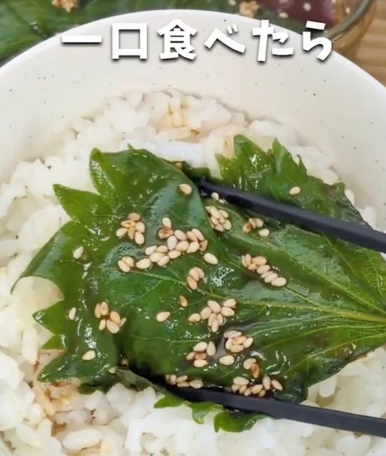 『大葉の醤油漬け』をご飯の上にのせた様子
