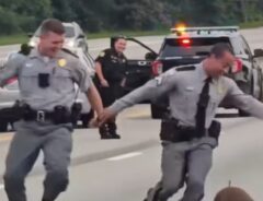 アメリカの高速道路で子ブタを追いかける警察官の写真