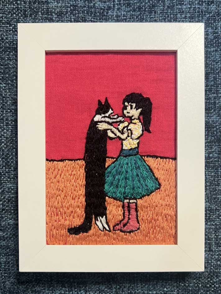 ヤマダさんのイラストを参考にした刺繍作品
