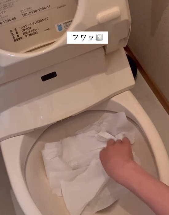 トイレットペーパーを便器内に入れている様子
