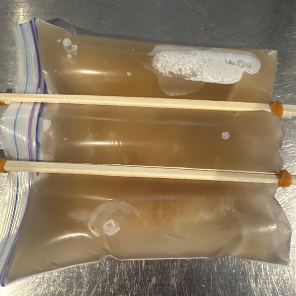 麦茶を入れたチャック付き保存袋を割り箸で挟んで両端を輪ゴムで固定した状態で凍らせた様子