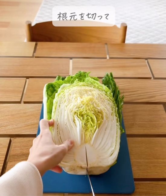 白菜に切り込みを入れる様子