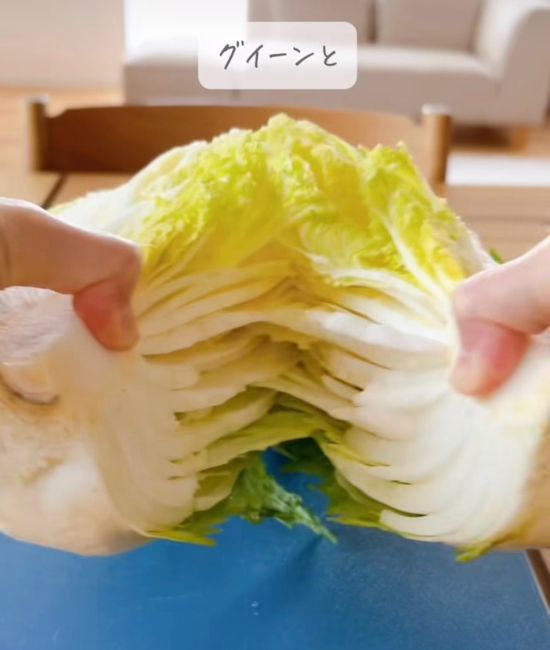 白菜を割く様子