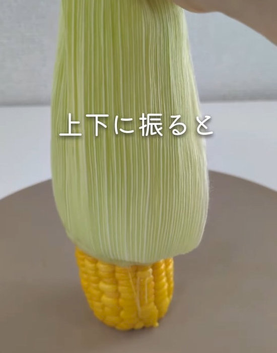 トウモロコシの皮を剥いている様子