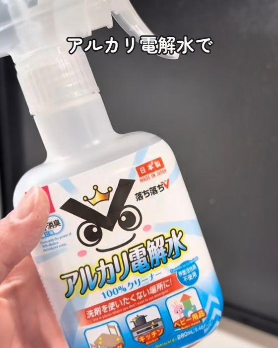 ダイソーの『アルカリ電解水クリーナー　落ち落ちＶ』を手に持っている写真