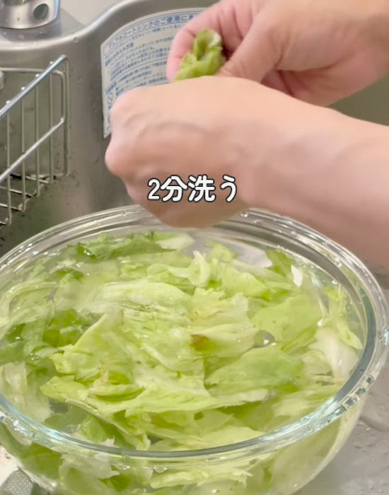 ボウルの中にちぎったレタスを入れる様子