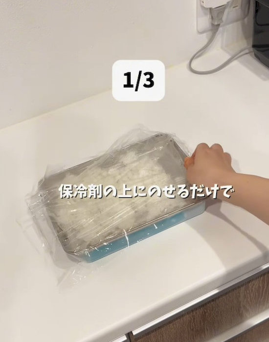 保冷剤の上にトレーをのせている様子