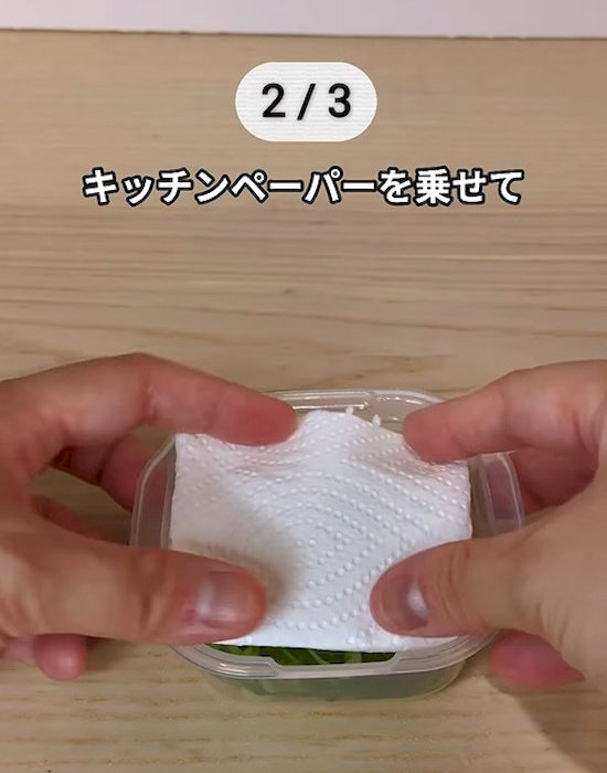 ねぎの上にキッチンペーパーを被せる