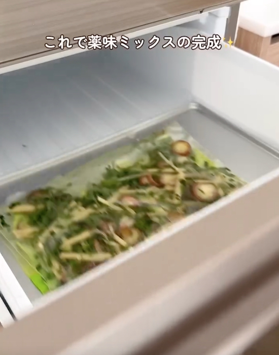 薬味の入ったジッパー付き保存袋を冷凍庫に入れる様子