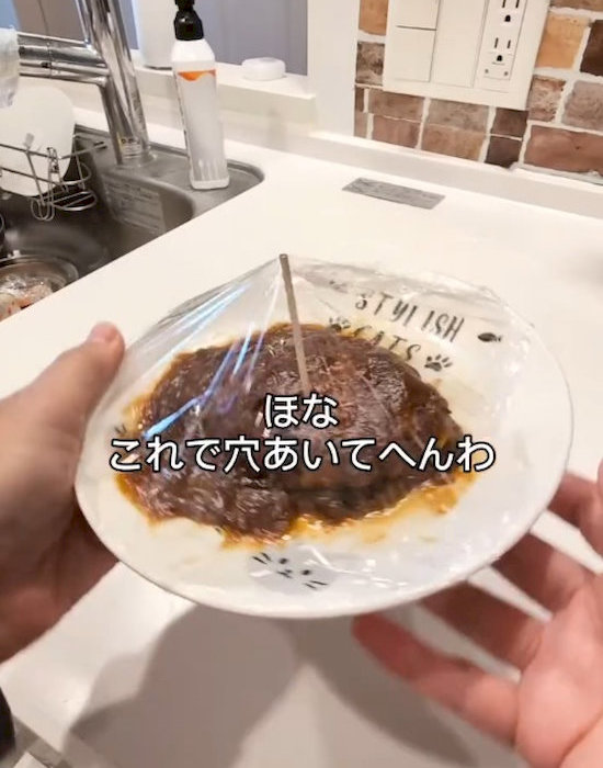 爪楊枝を刺してラップをかけたハンバーグの皿を手にしている様子