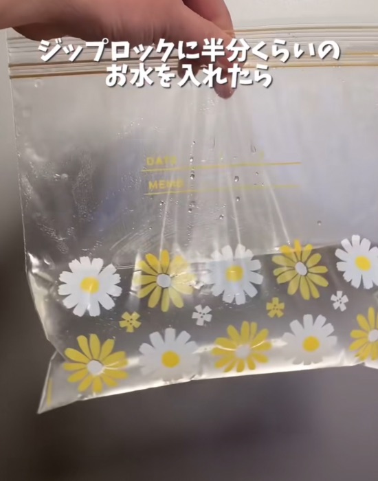 フリーザーバッグに水を半分入れた様子
