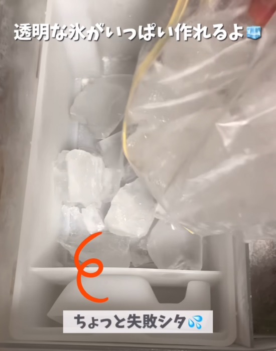 氷を冷凍庫に入れている様子