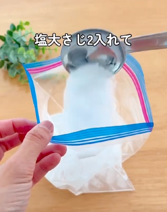 ジッパー付き保存袋に氷と塩を入れる様子
