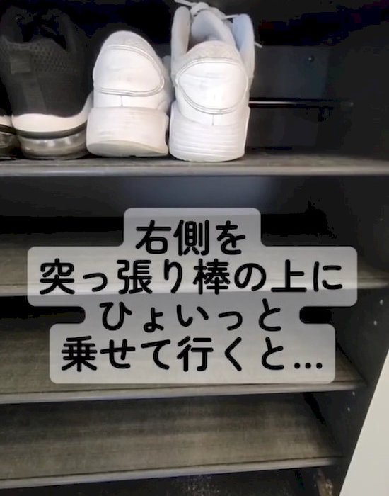 突っ張り棒にのせて収納した下駄箱靴