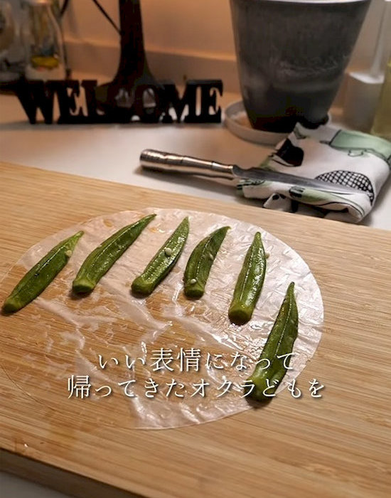 ライスペーパーの上に並べたオクラ