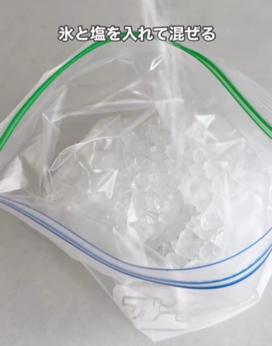 ジッパー付き保存袋に氷を入れる様子