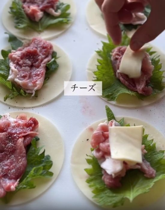 餃子の皮に具材を置いている様子