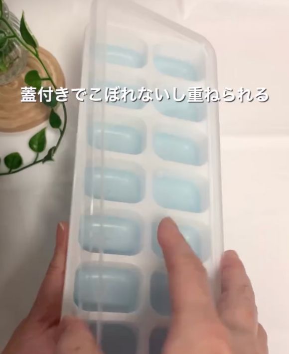 『氷が取り出しやすい蓋付きアイストレー』を手に持っている様子