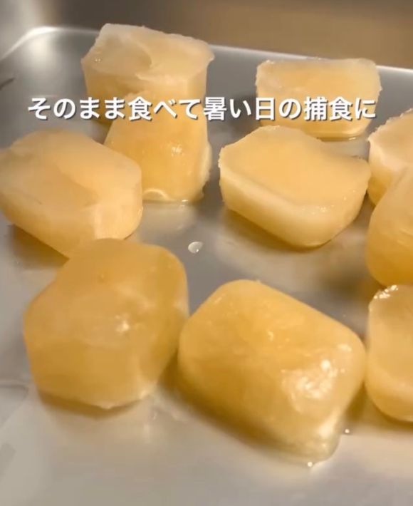 凍らせたグレープフルーツジュースを製氷皿から取り出した様子