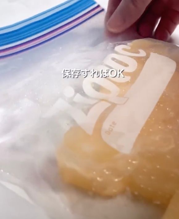 残ったアイスキューブをジッパー付のフリーザーバッグに入れた様子