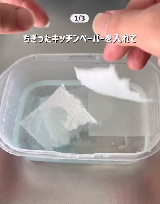 洗剤とキッチンペーパーを入れた様子