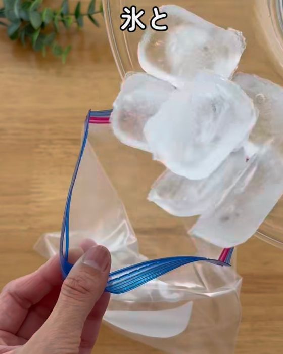 チャック付き保存袋に氷を入れる様子