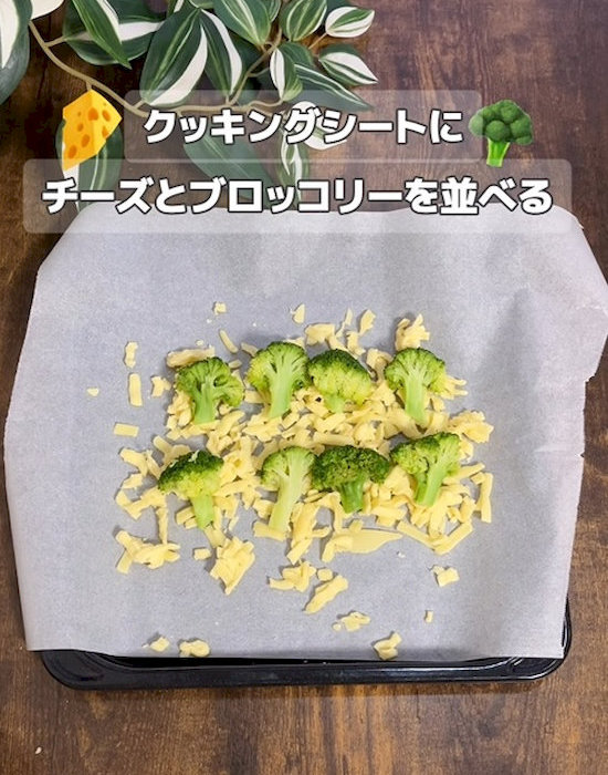 クッキングシートの上に並べたチーズとブロッコリー